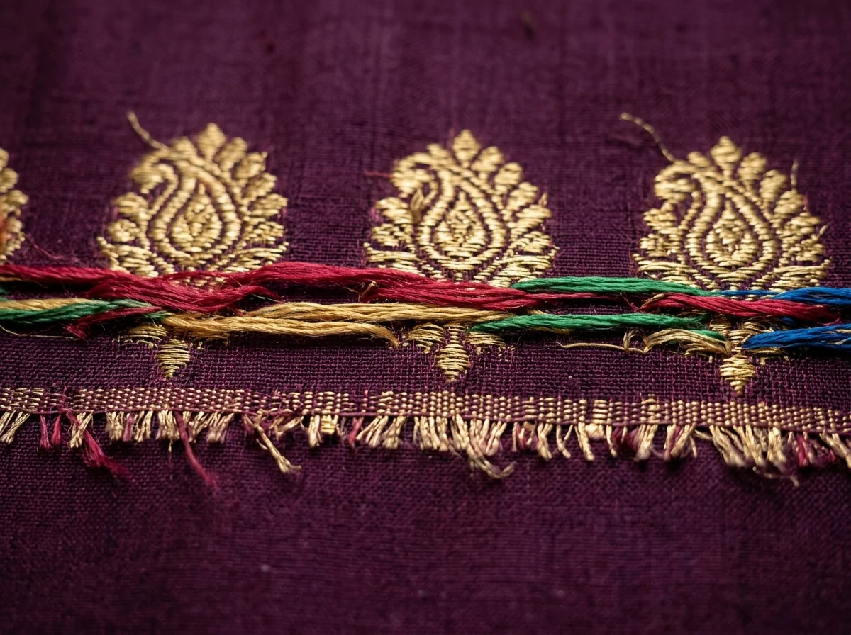 Macro close-up of authentic Handloom Fekwa reverse weave with resham weft floats