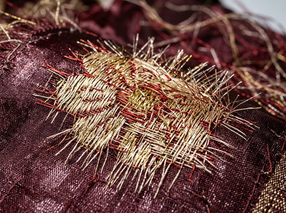 Macro close-up of cheap powerloom cutwork showing stiff metallic lurex ends